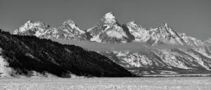 Winter landscape in black in white of the mountains in Grand Tetons